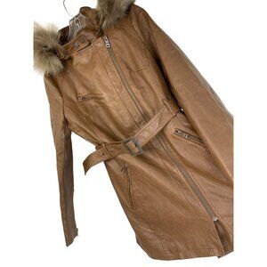 NWT LA Coalition Brown Faux Leather Coat Fox Fur Trim Hood Size S NWT RDD10672